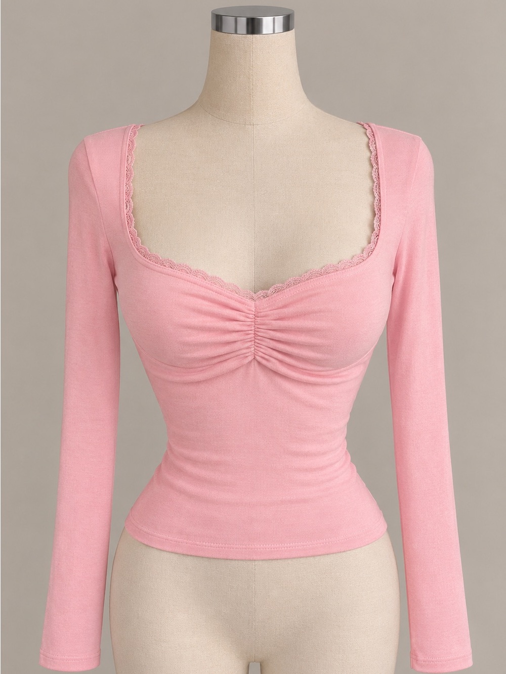 ROMWE Pink Long Sleeve Ruched Lace-Trim Top